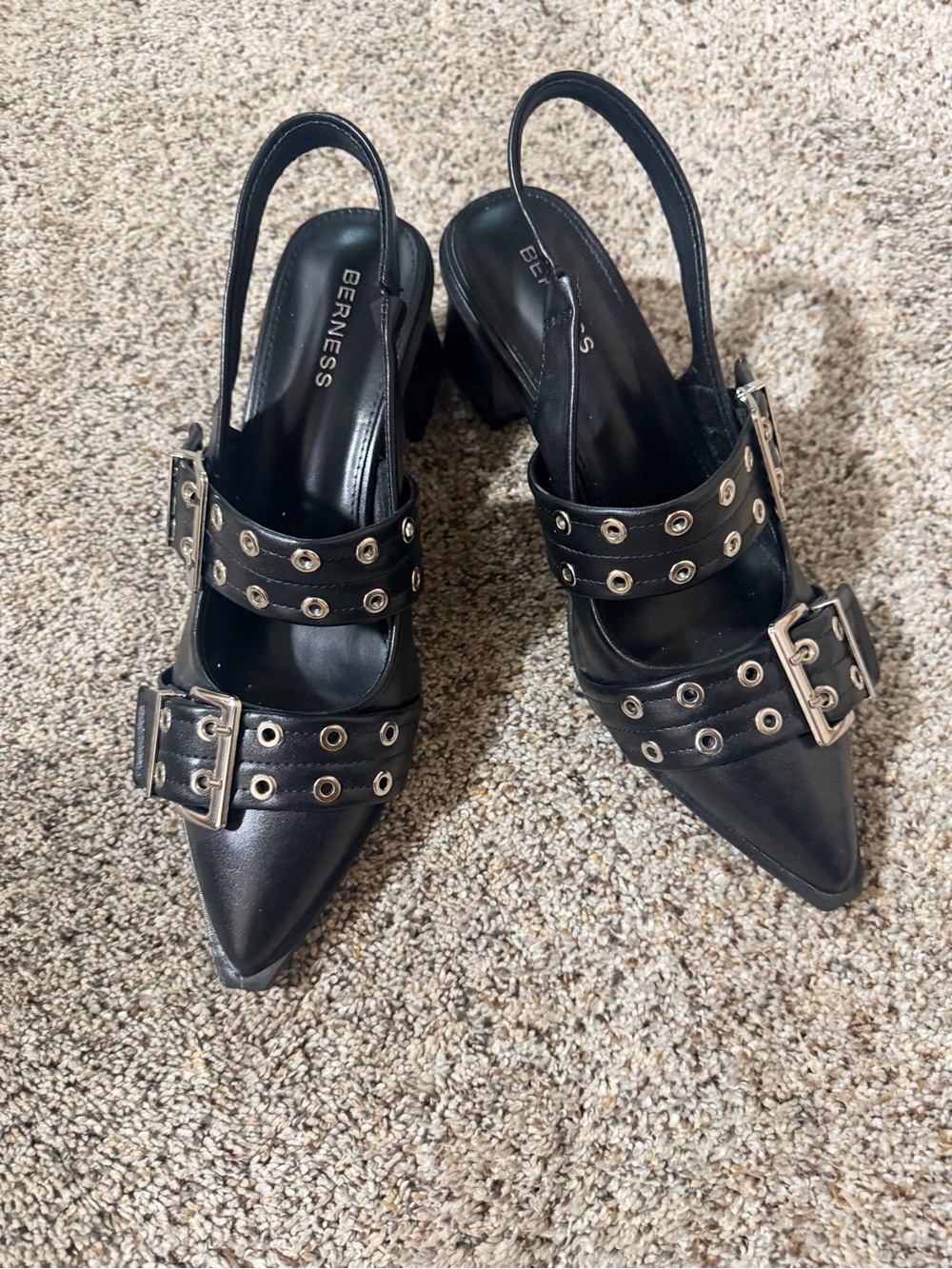 Berness Black Grommet Buckle Slingback Heels